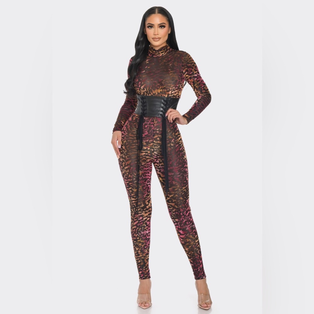 Las Vegas Brown Animal Print Mesh Velvet Jumpsuit - Picture 2 of 4